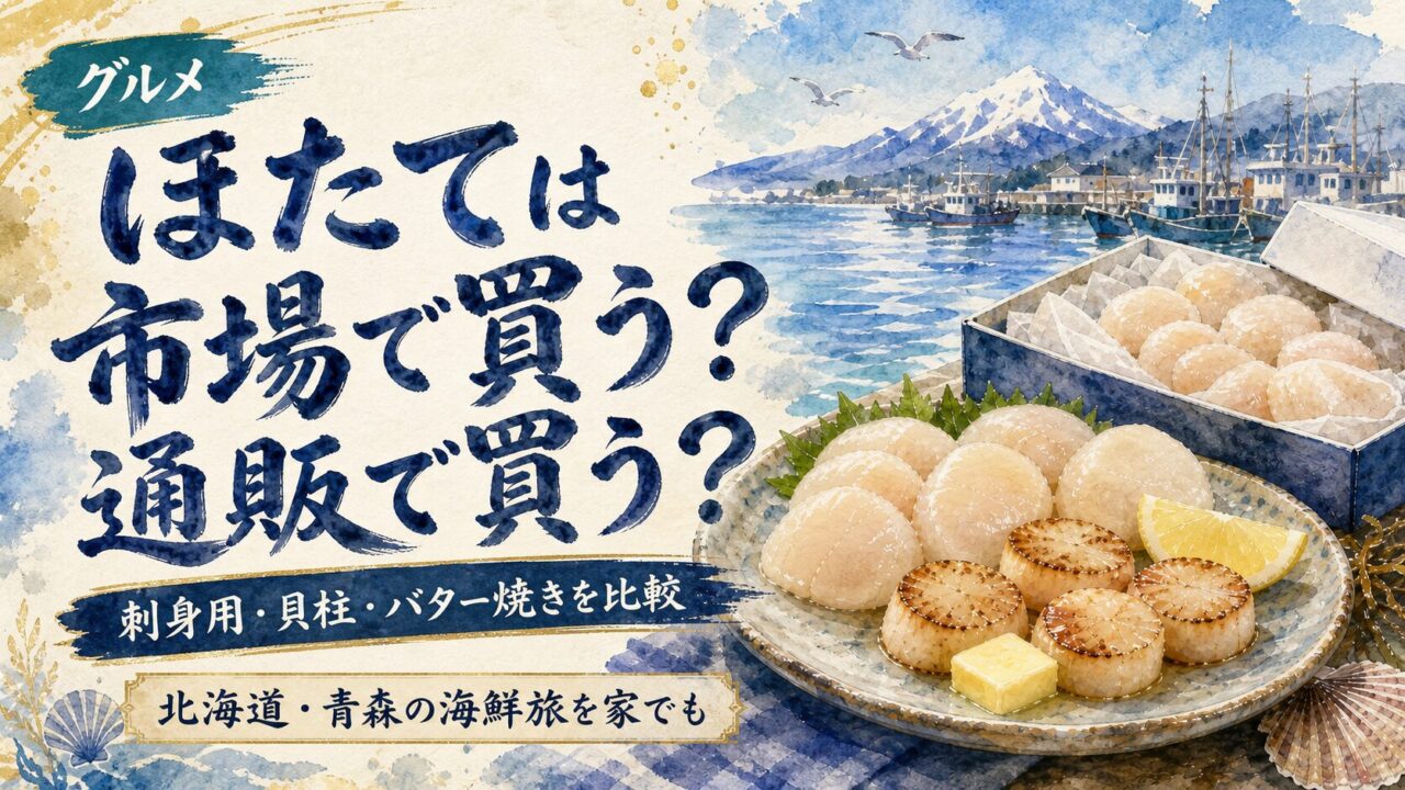 ほたてを市場で買うか通販で買うか比較する筆文字水彩アイキャッチ