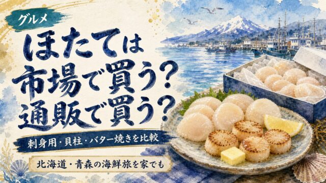 ほたてを市場で買うか通販で買うか比較する筆文字水彩アイキャッチ