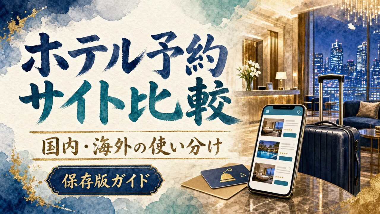 ホテル予約サイト比較 国内海外の使い分けを案内する年号なし水彩アイキャッチ