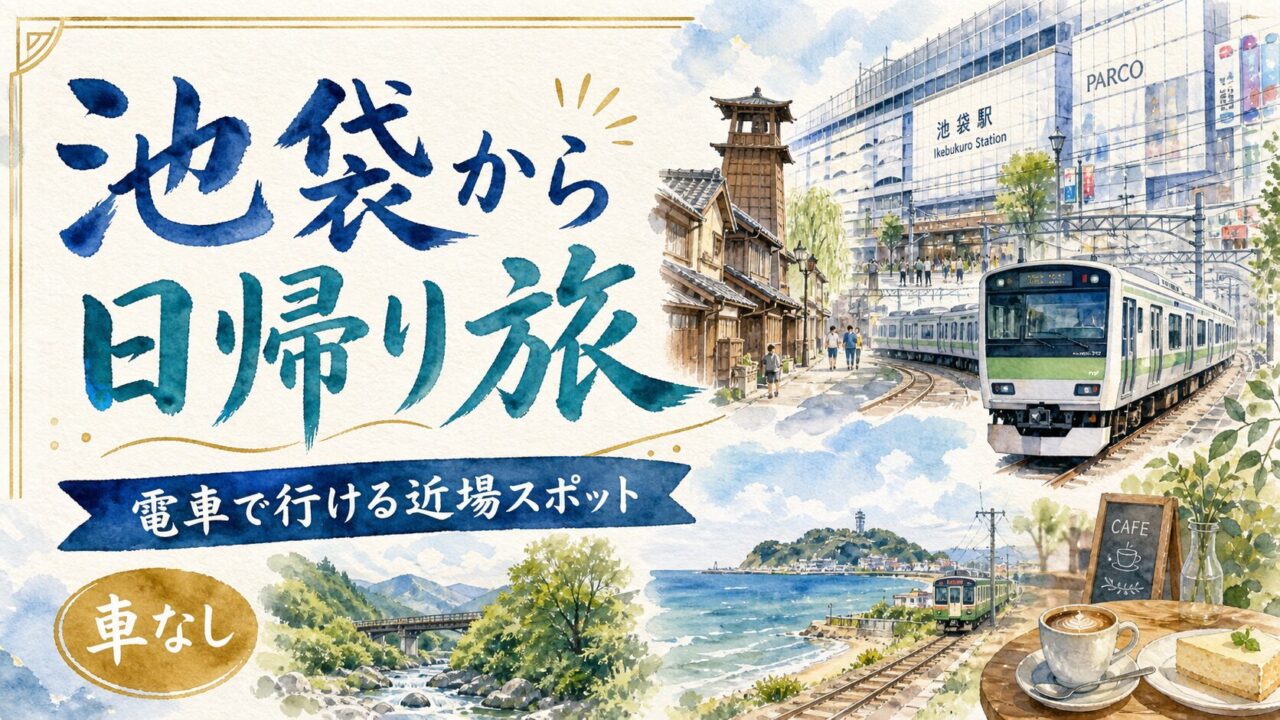 池袋から車なしで行ける日帰り旅の筆文字水彩アイキャッチ