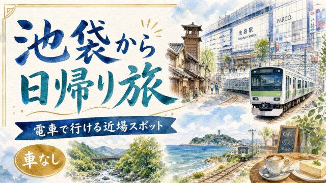 池袋から車なしで行ける日帰り旅の筆文字水彩アイキャッチ