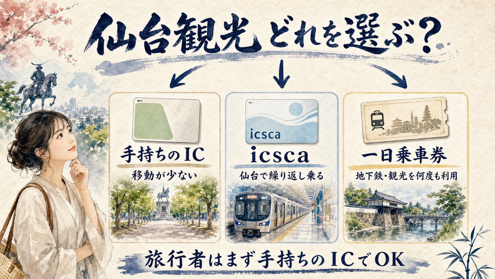 仙台観光で手持ちICとicscaと一日乗車券を比較する水彩インフォグラフィック