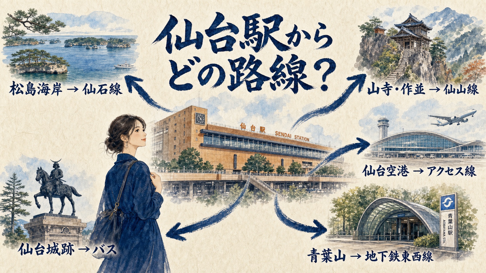 仙台駅から松島海岸・山寺・作並・仙台空港・仙台城跡・青葉山へ向かう路線を示す水彩図