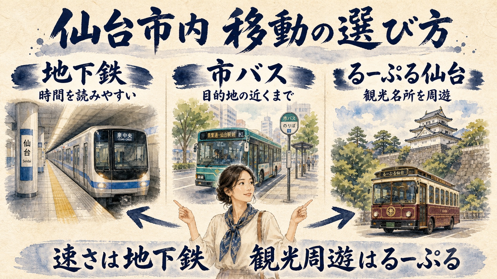 仙台市内観光で地下鉄・市バス・るーぷる仙台を選ぶ基準を示した水彩インフォグラフィック