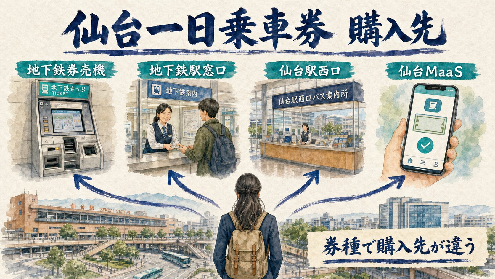 仙台一日乗車券を地下鉄券売機・駅窓口・仙台駅西口・仙台MaaSで買う違いを示した水彩図