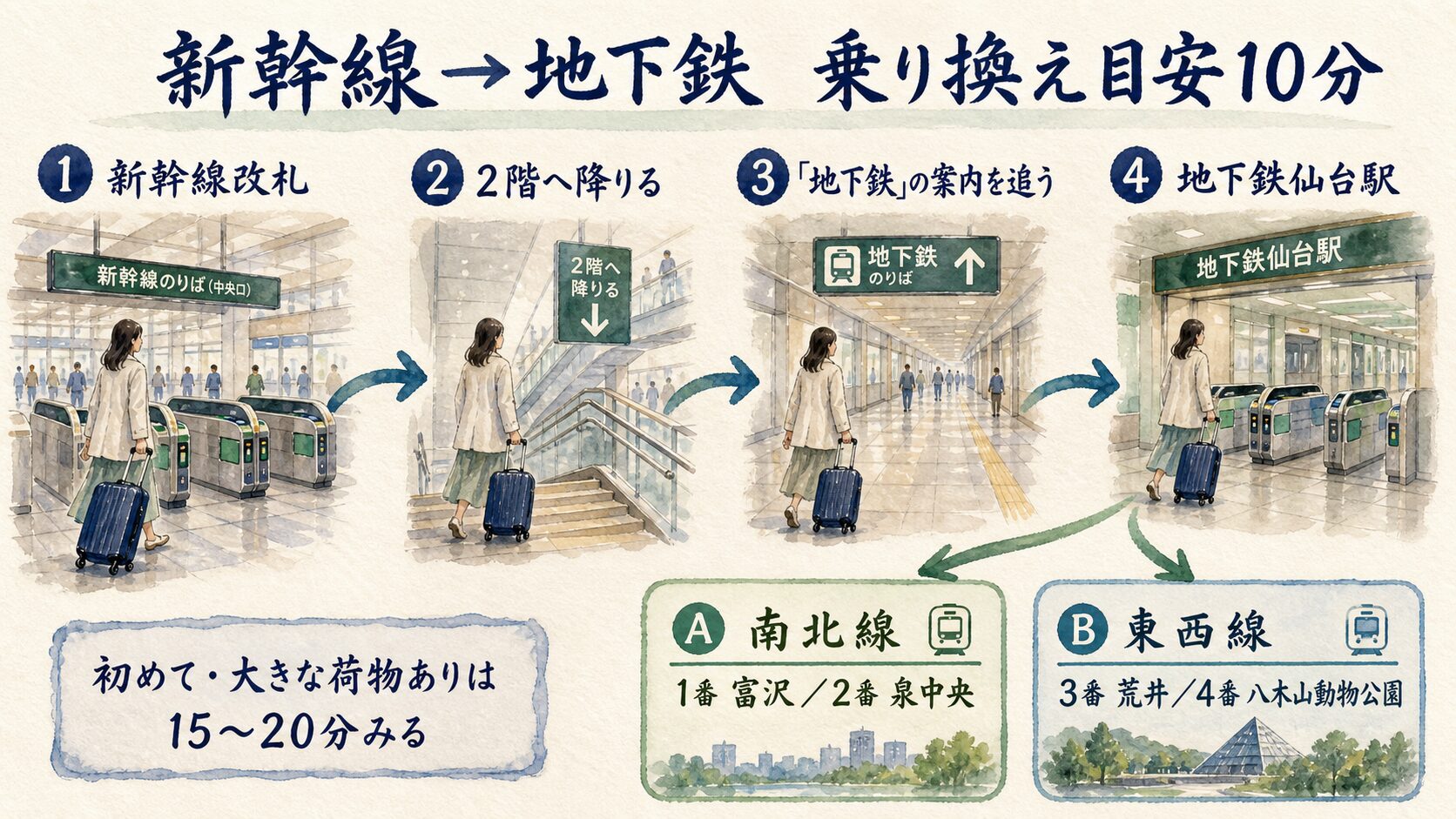 新幹線から仙台地下鉄へ乗り換える4手順と南北線・東西線の番線を示した水彩案内図