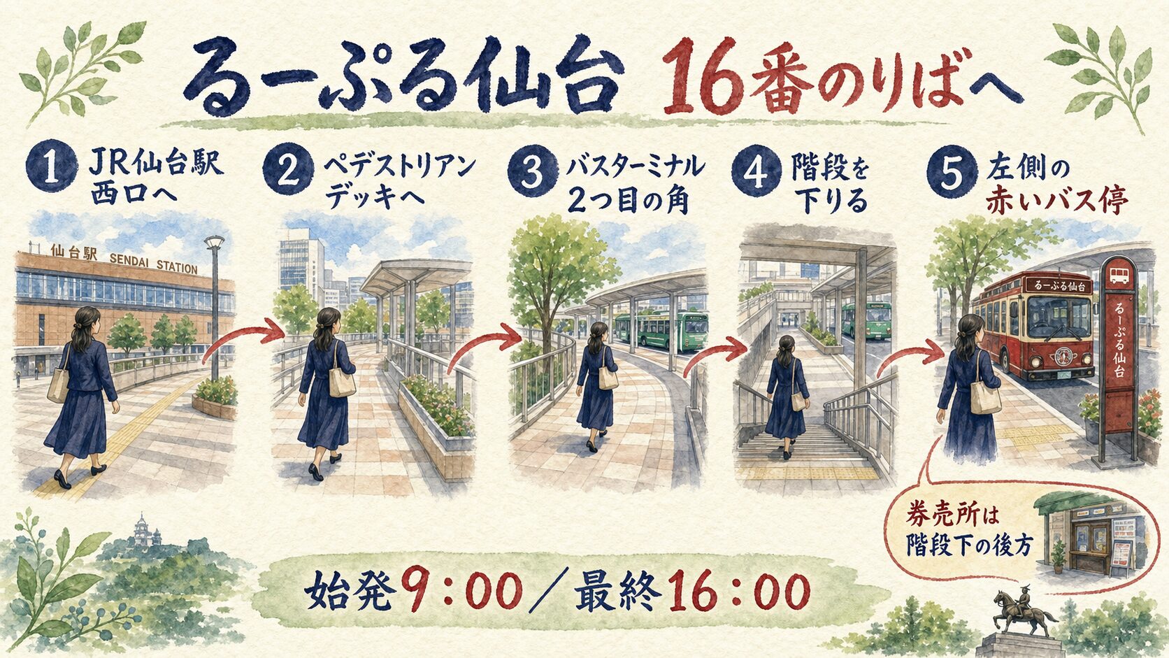 JR仙台駅西口からるーぷる仙台16番のりばまでの5手順を示した水彩案内図