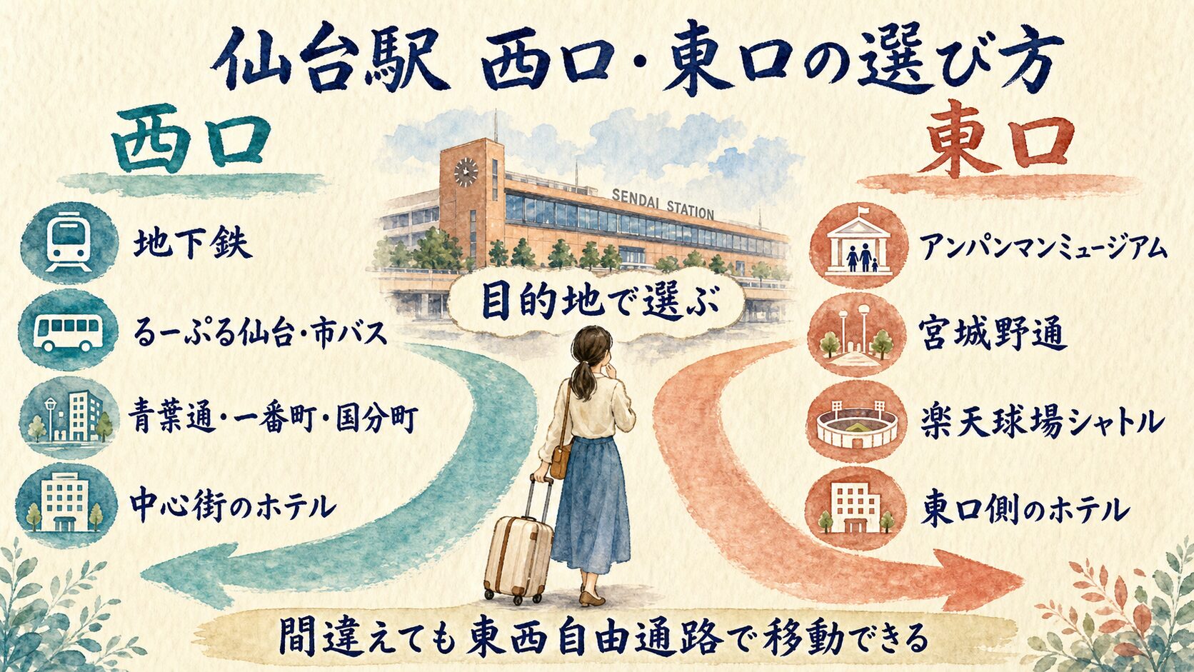 仙台駅西口と東口を目的地別に選ぶ水彩インフォグラフィック