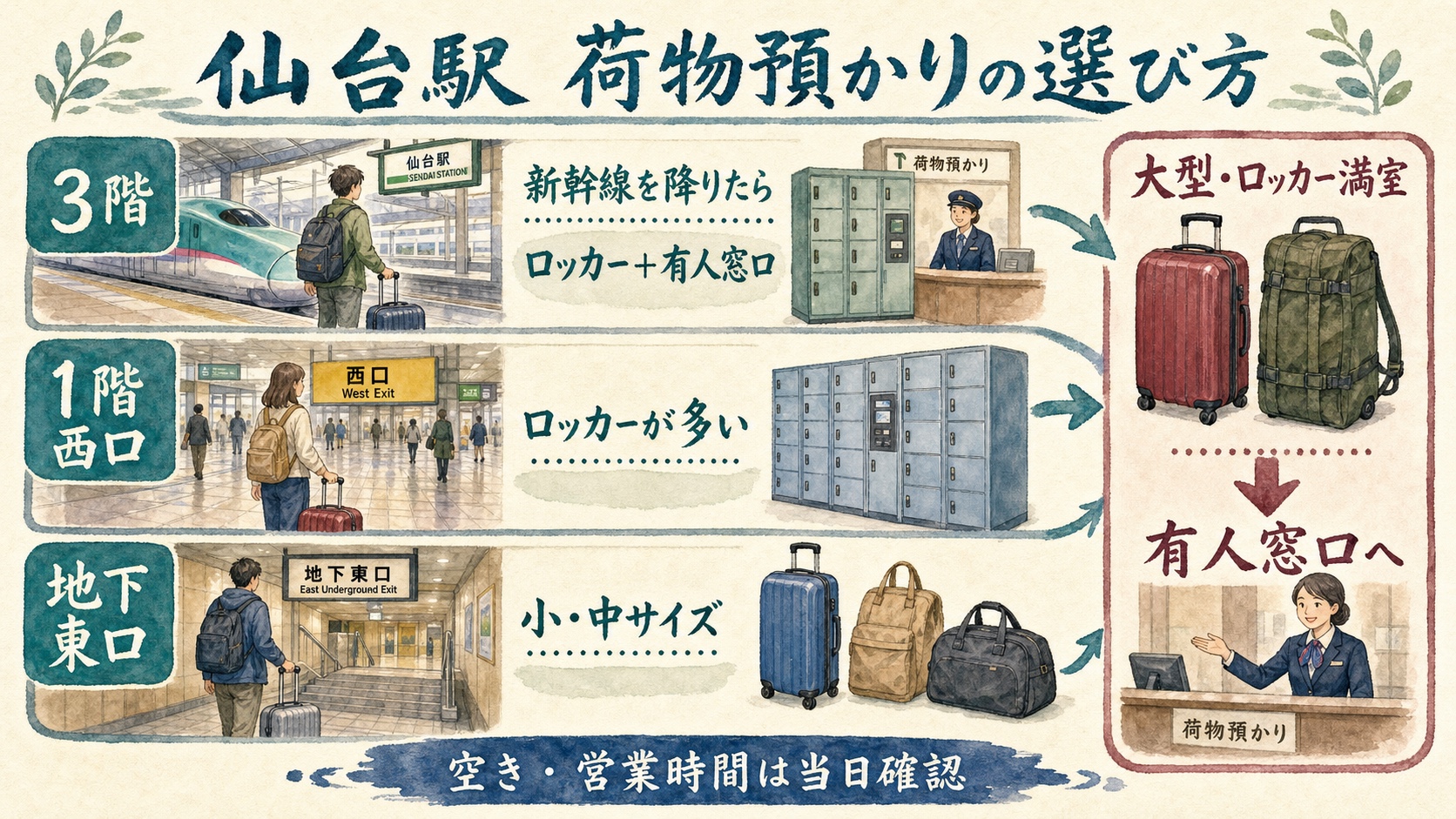 仙台駅で3階・西口1階・地下東口・有人窓口から荷物預かり場所を選ぶ水彩インフォグラフィック