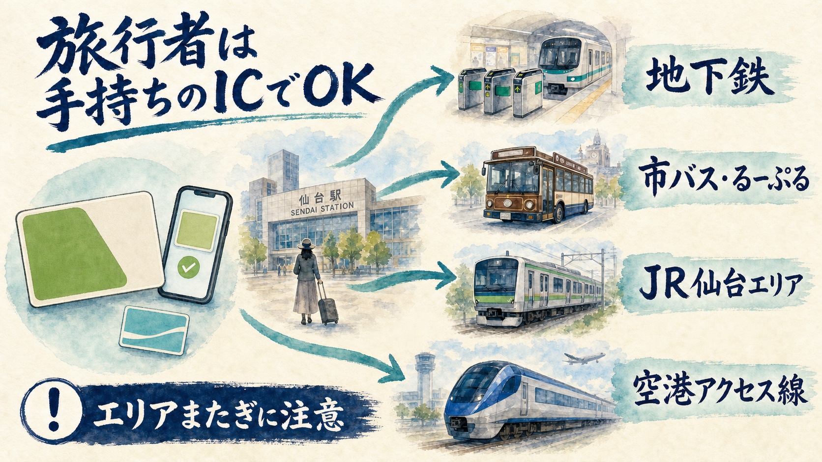 仙台でSuicaなど手持ちの交通系ICカードを使える交通機関を示す水彩インフォグラフィック
