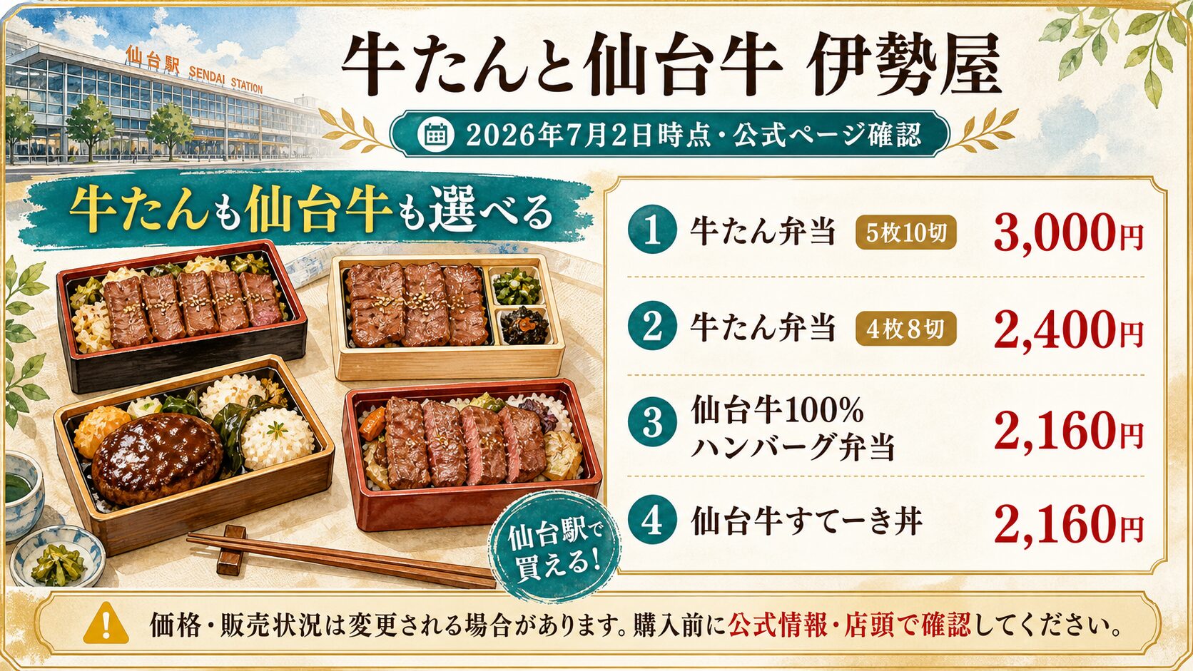 牛たんと仙台牛伊勢屋の牛たん弁当価格カード
