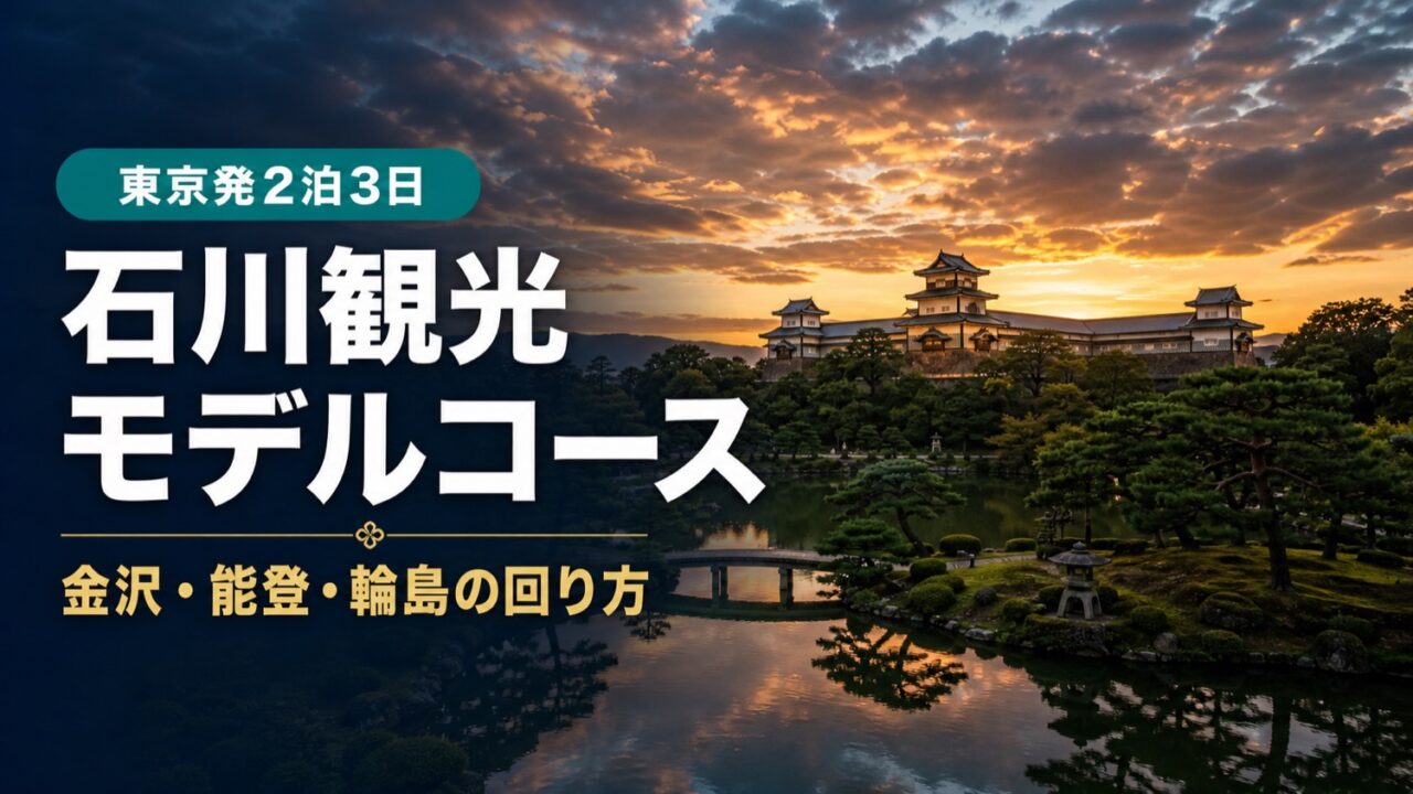 石川観光モデルコースのアイキャッチ。金沢の庭園と城風景に、東京発2泊3日、金沢・能登・輪島の回り方の文字を重ねた画像