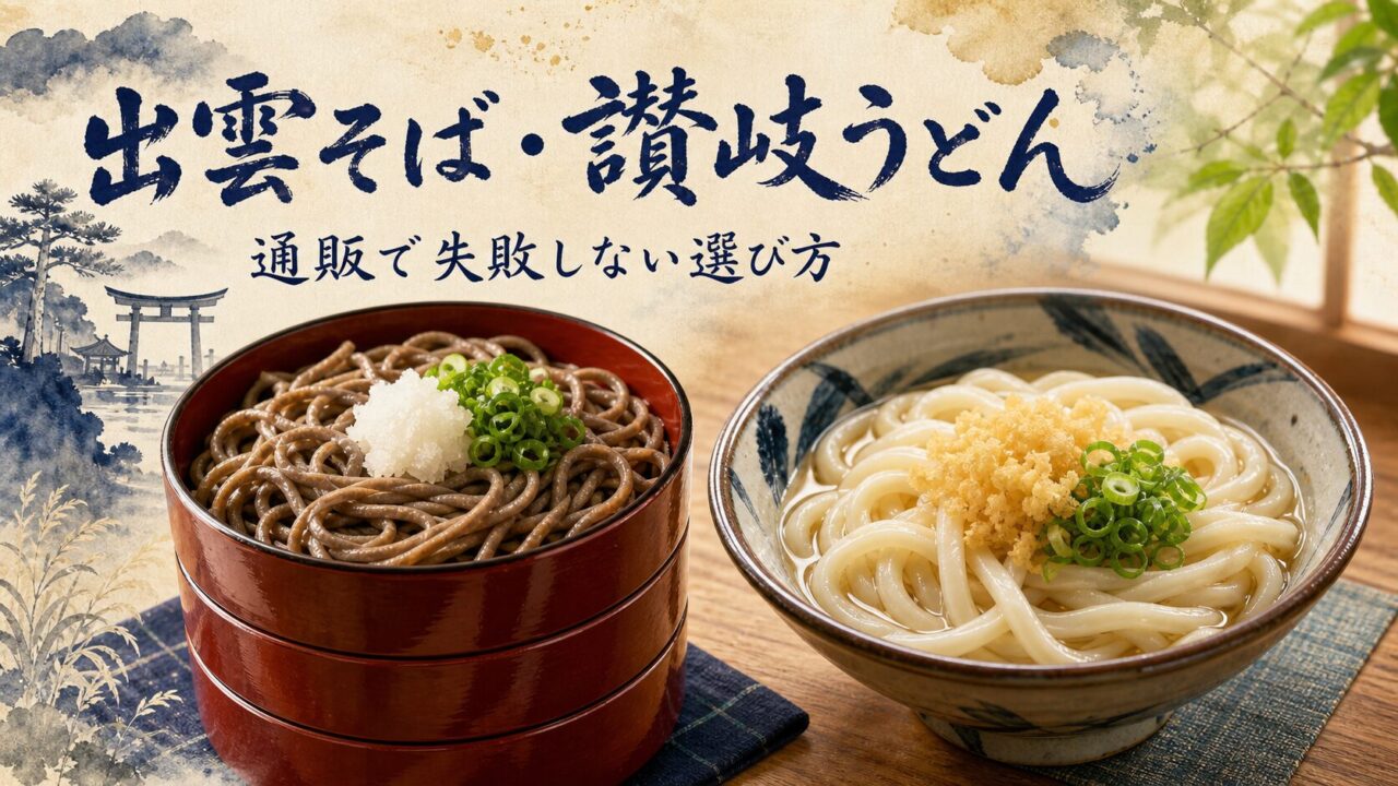 出雲そばと讃岐うどんを通販で選ぶ筆文字水彩アイキャッチ