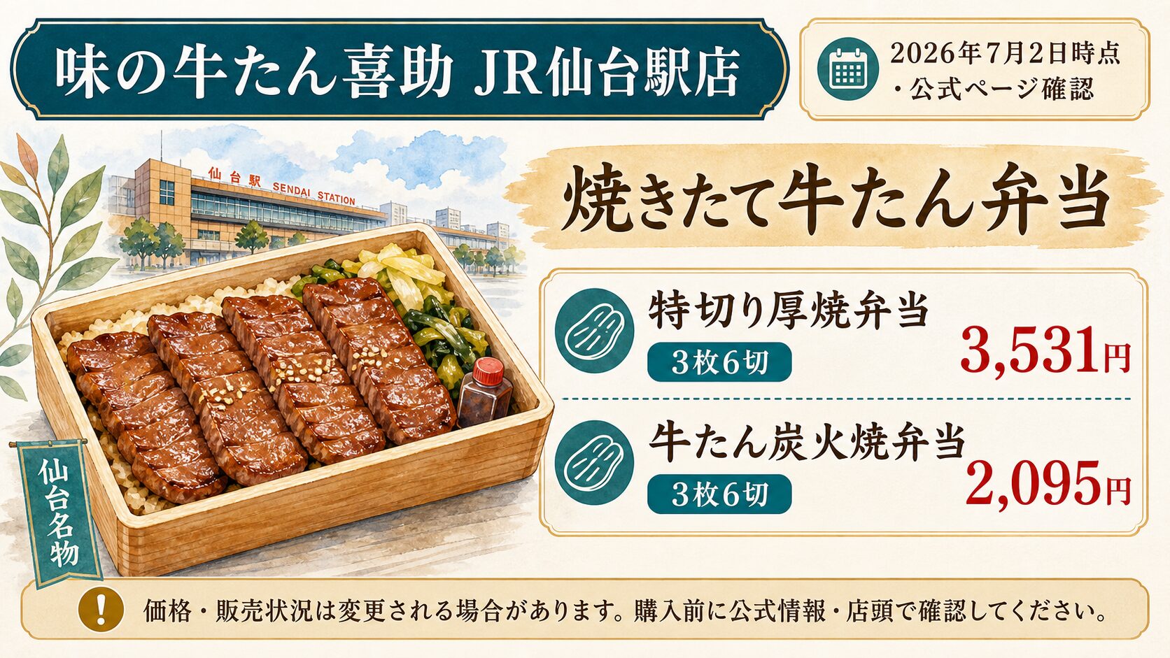 味の牛たん喜助JR仙台駅店の牛たん弁当価格カード