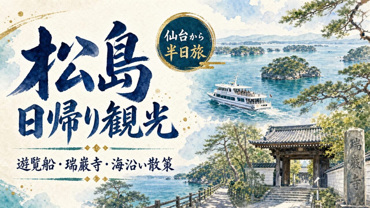 松島日帰り観光 遊覧船 瑞巌寺 海沿い散策を案内する筆文字水彩アイキャッチ
