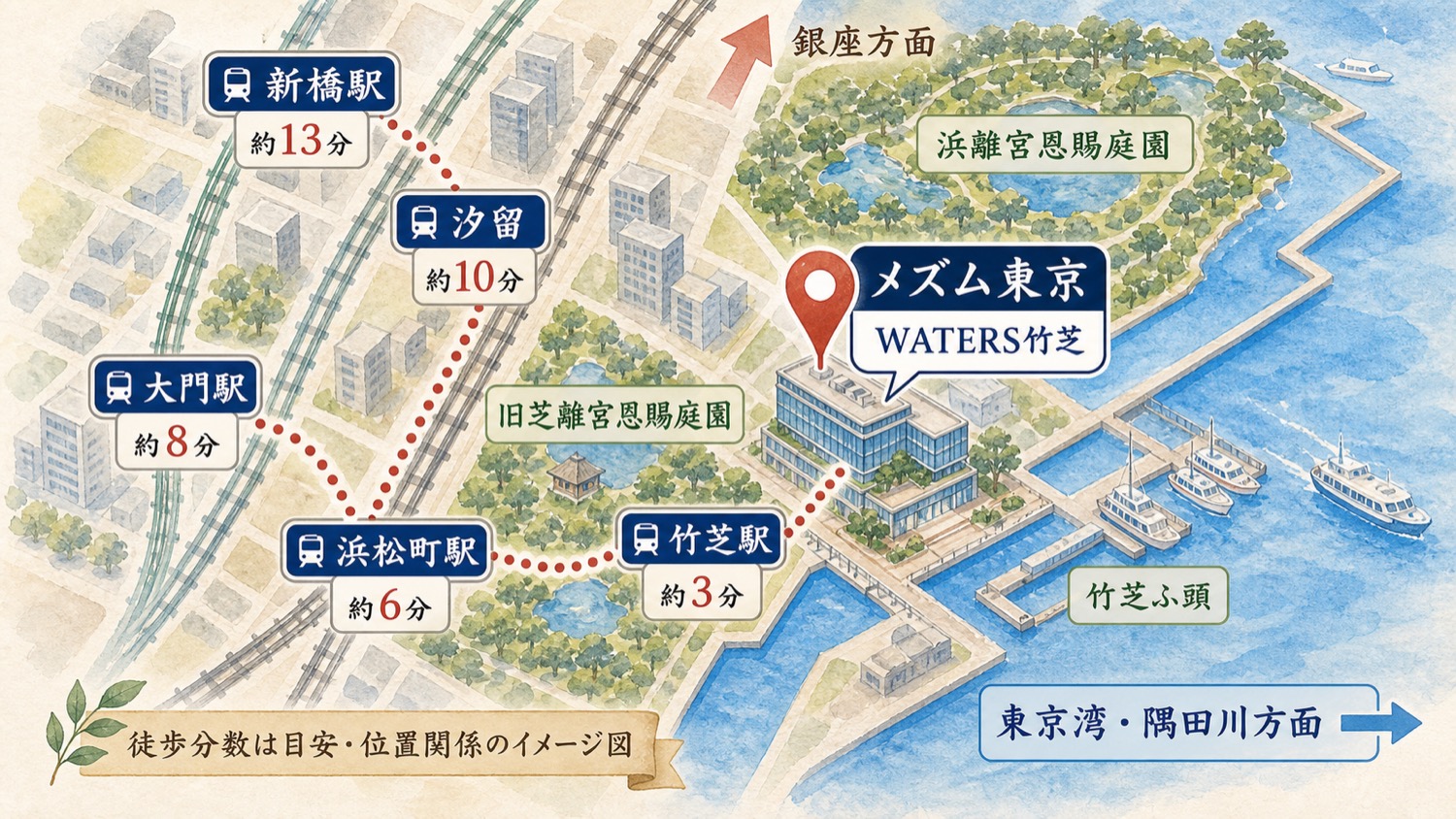 メズム東京周辺の簡易マップ。竹芝駅をホテルの内陸側近く、銀座方面を北寄りに配置し、浜松町駅、大門駅、汐留、新橋、浜離宮恩賜庭園、旧芝離宮恩賜庭園、竹芝ふ頭の位置関係を水彩で整理