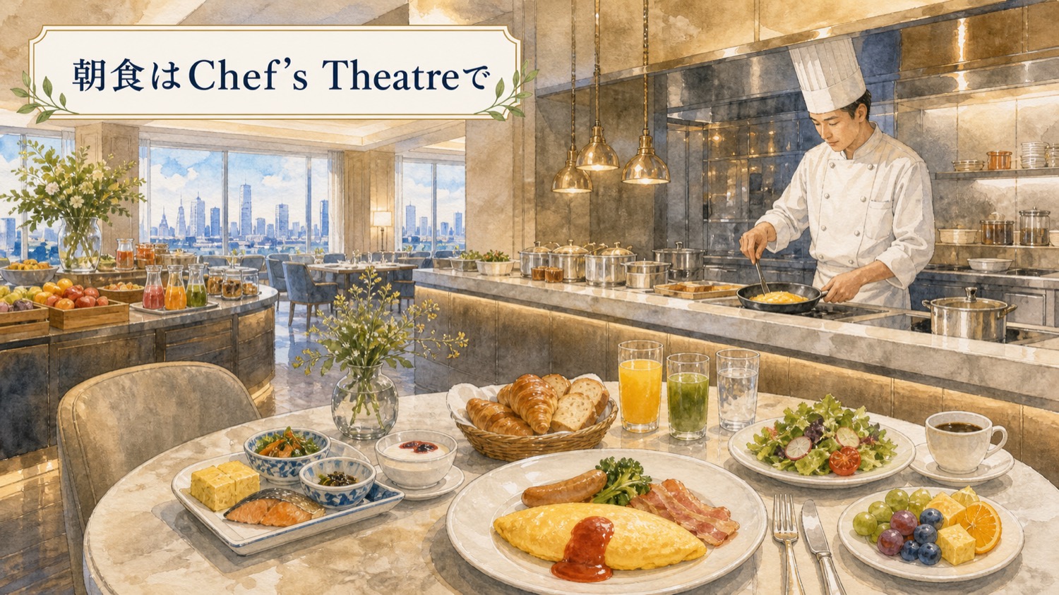 メズム東京の朝食会場Chef's Theatreのイメージ。屋内レストランのオープンキッチンと和洋朝食を水彩で表現