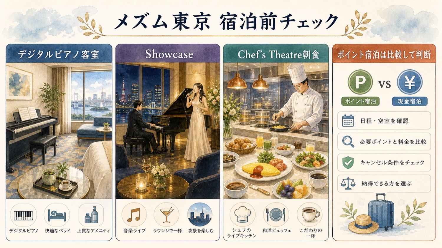 メズム東京宿泊前チェック。デジタルピアノ客室、Showcase、Chef's Theatre朝食、ポイント宿泊の比較を水彩で整理