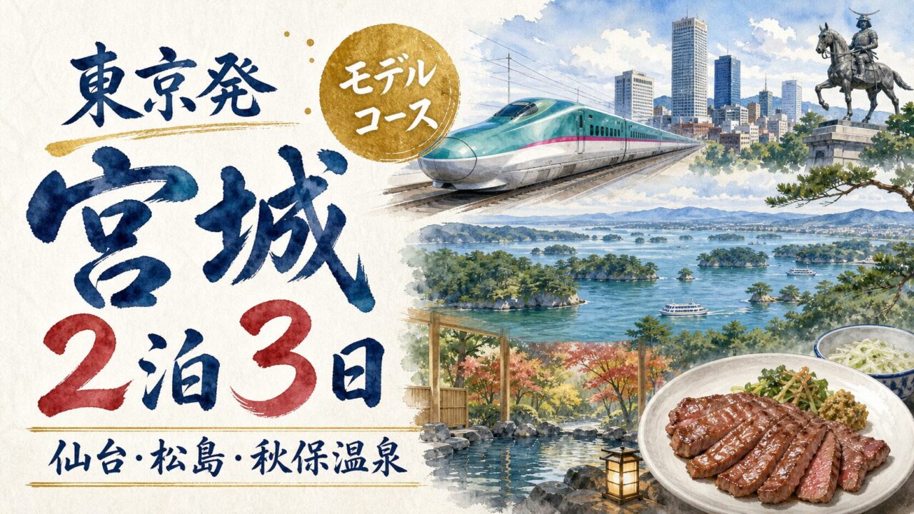 東京発宮城2泊3日 仙台 松島 秋保温泉モデルコースの筆文字水彩アイキャッチ