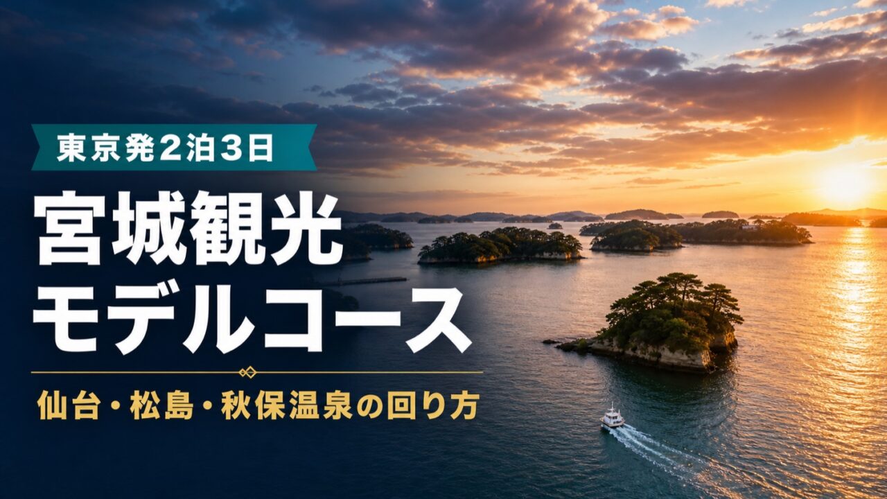 宮城観光モデルコースのアイキャッチ。松島の夕景に、東京発2泊3日、仙台・松島・秋保温泉の回り方の文字を重ねた画像