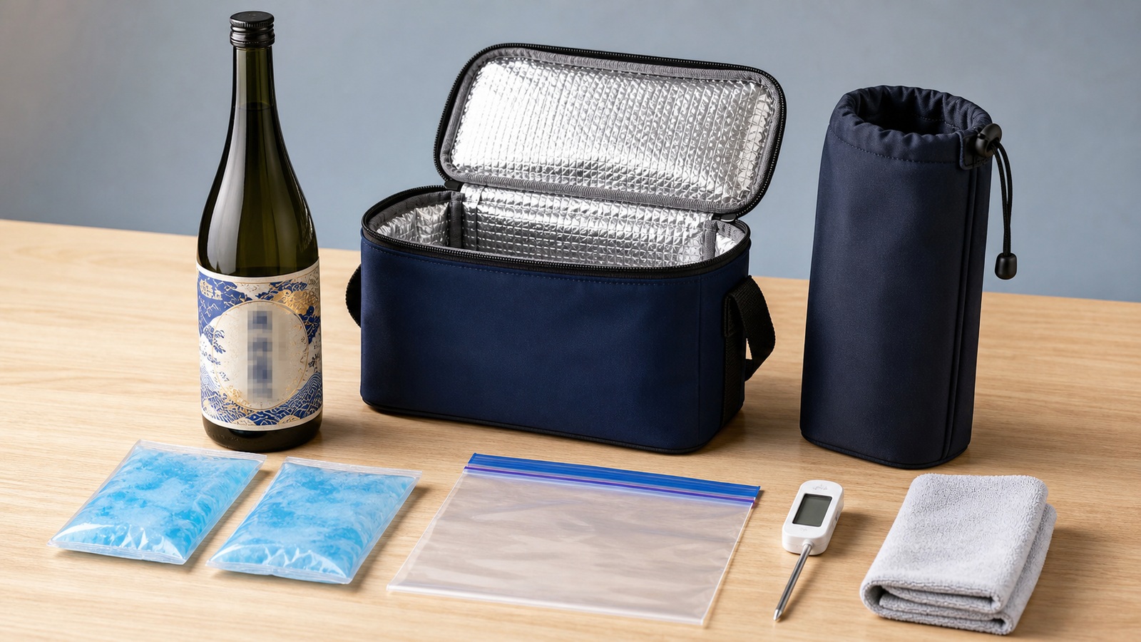 銘柄部分をモザイク加工した日本酒瓶と保冷バッグ 保冷剤 密封袋 ボトルスリーブの比較イメージ