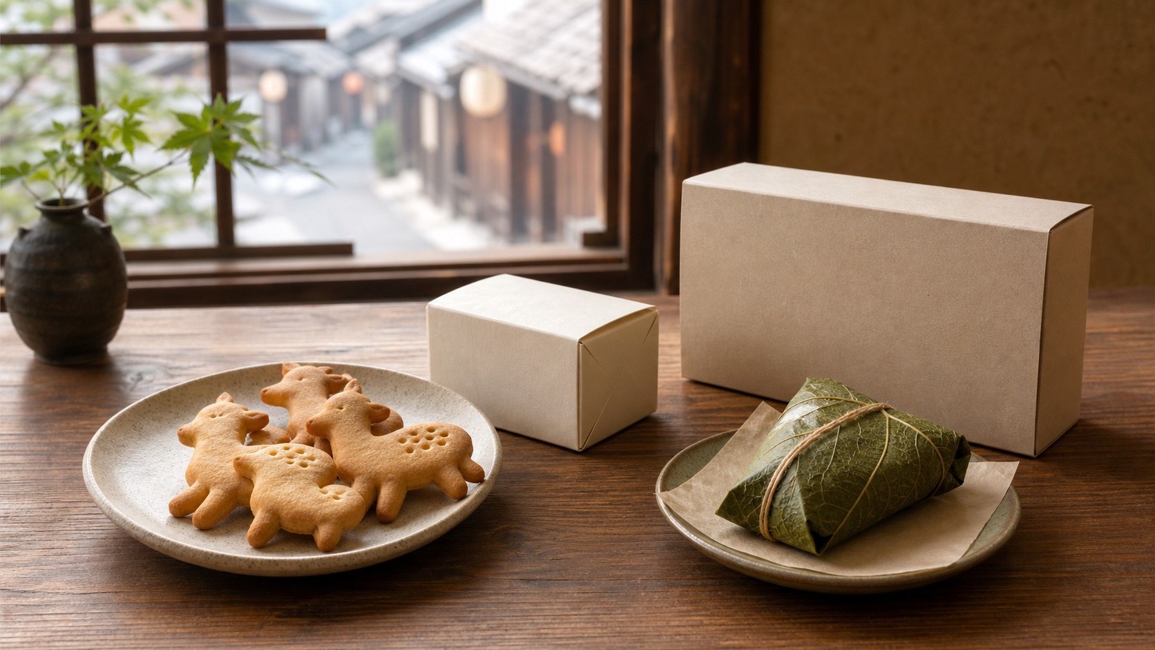 奈良土産として選ぶ鹿形の焼き菓子 葉で包んだ食品 無地の贈答箱の比較イメージ