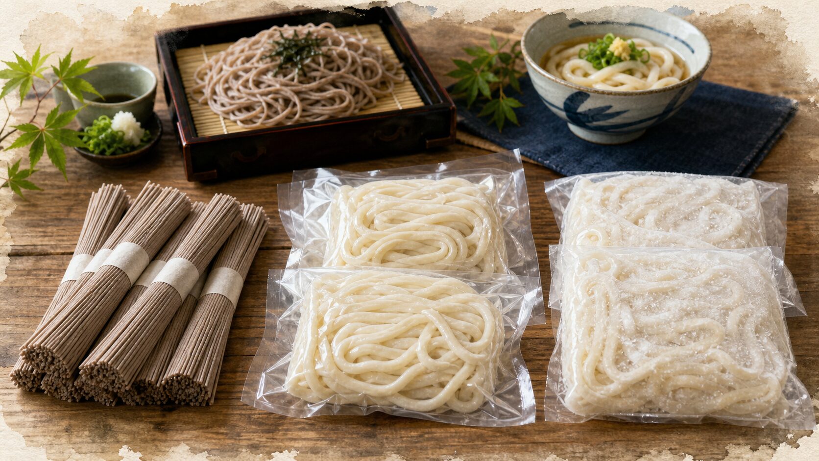 出雲そばと讃岐うどんの乾麺・半生麺・冷凍麺を比較する写真風水彩画像