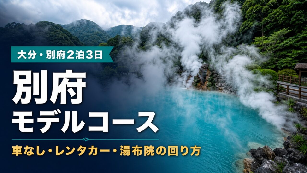 大分・別府モデルコースのアイキャッチ。湯けむりの地獄めぐり風景に、車なし・レンタカー・湯布院の回り方の文字を重ねた画像