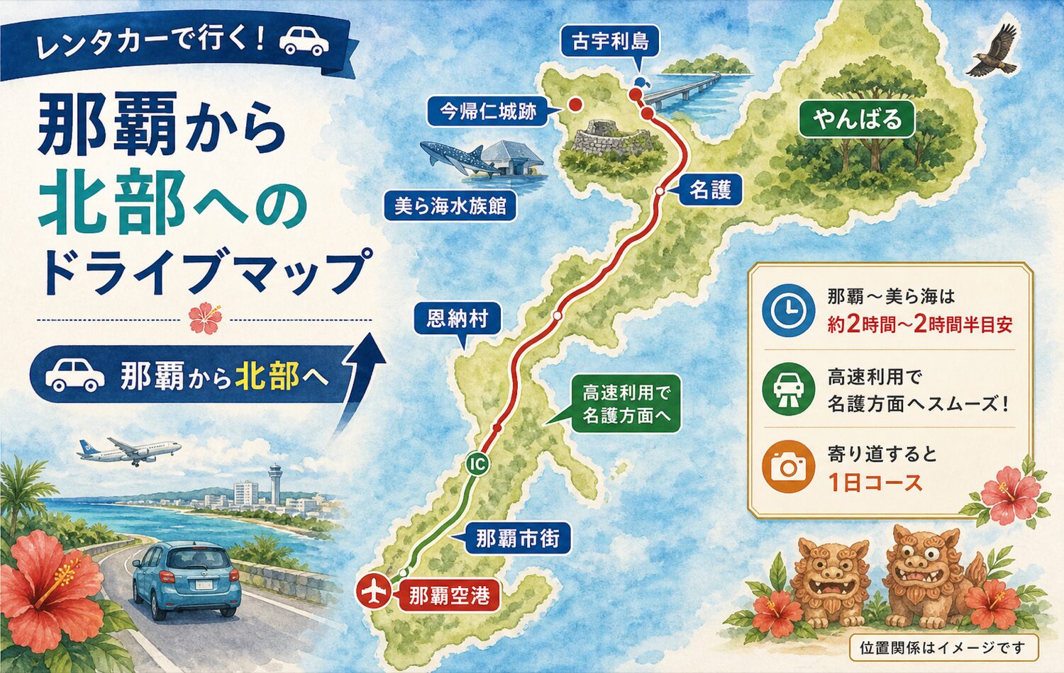 那覇から沖縄北部へレンタカーで向かうルートと主要観光地の簡易マップ