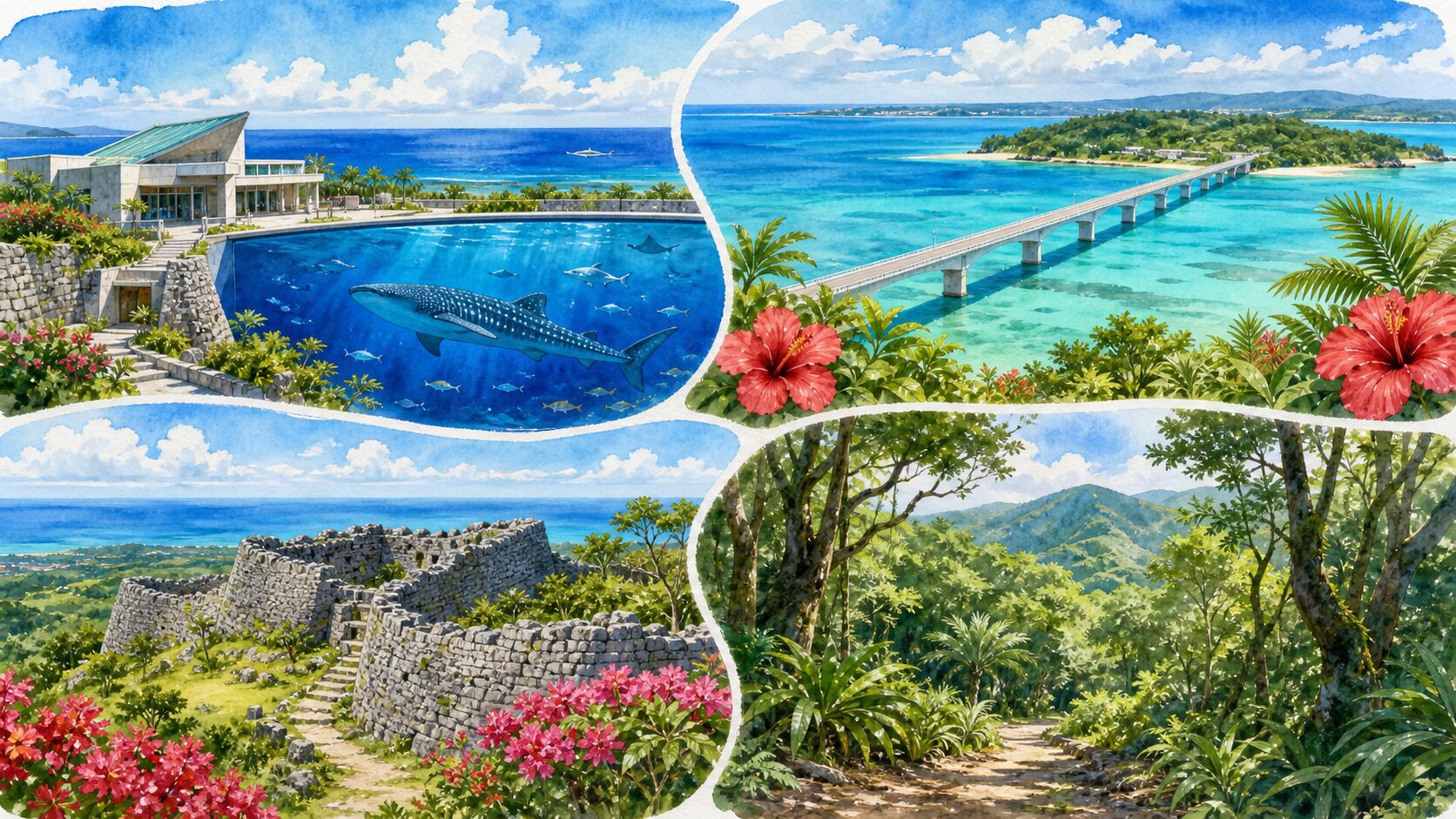 沖縄北部の主要スポット4箇所（美ら海水族館、古宇利島、今帰仁城跡、やんばる）をまとめた水彩イメージ