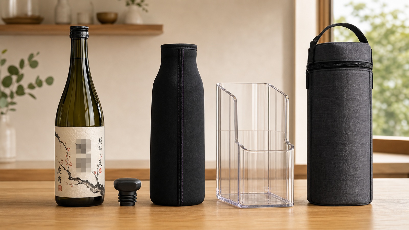 銘柄部分をモザイク加工した日本酒瓶と保存栓 遮光ボトルカバー 冷蔵庫用縦置き収納の比較イメージ