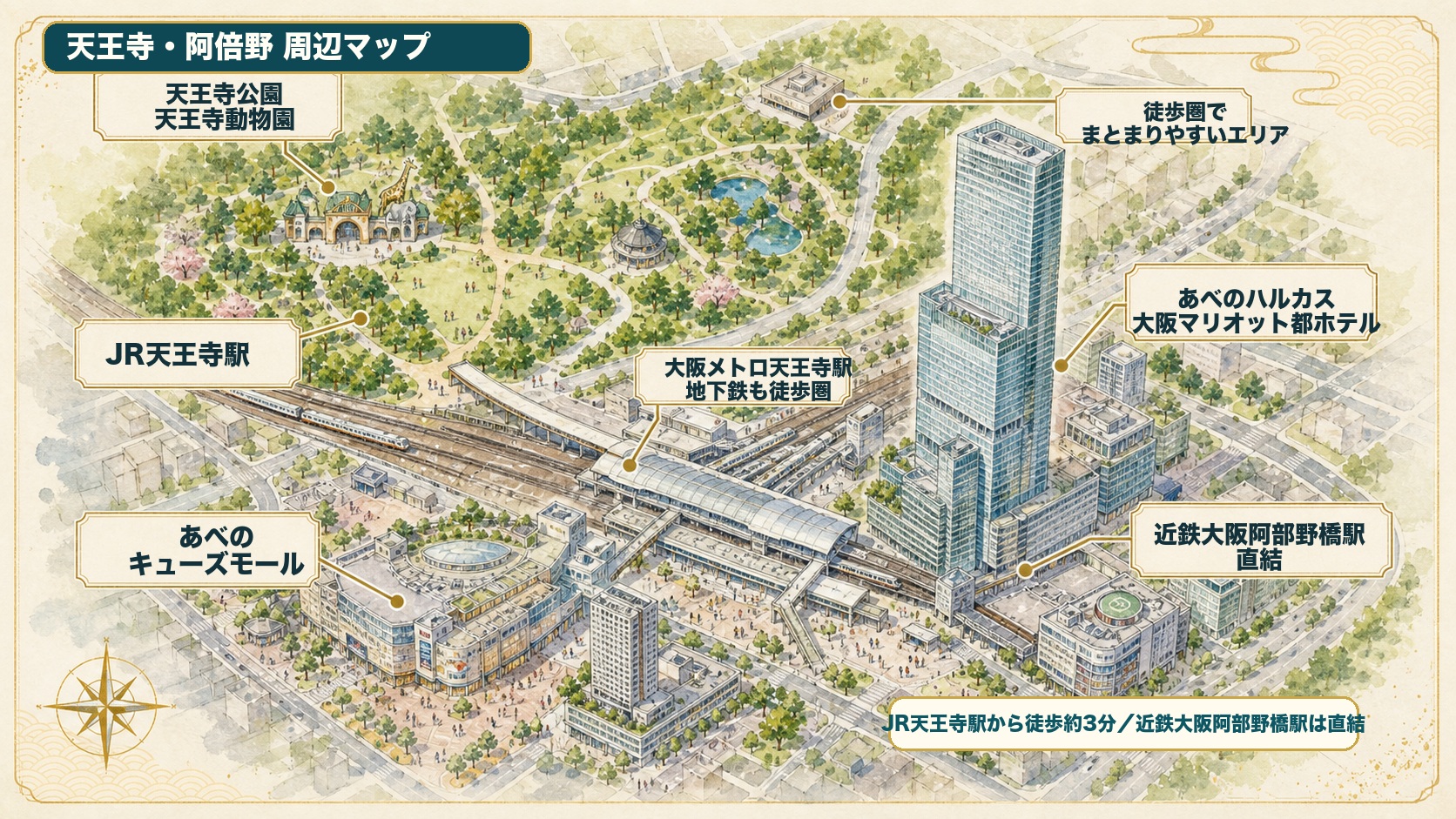 天王寺と阿倍野周辺の簡易マップ。JR天王寺駅、近鉄大阪阿部野橋駅、あべのハルカス、大阪マリオット都ホテルの位置関係