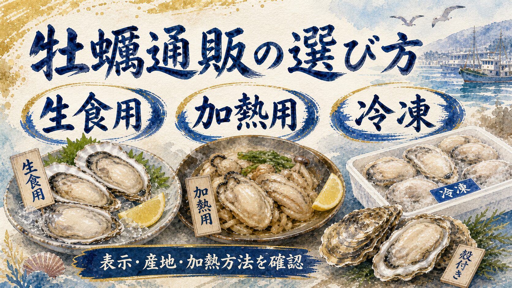 牡蠣通販の生食用・加熱用・冷凍の選び方を示す水彩イメージ