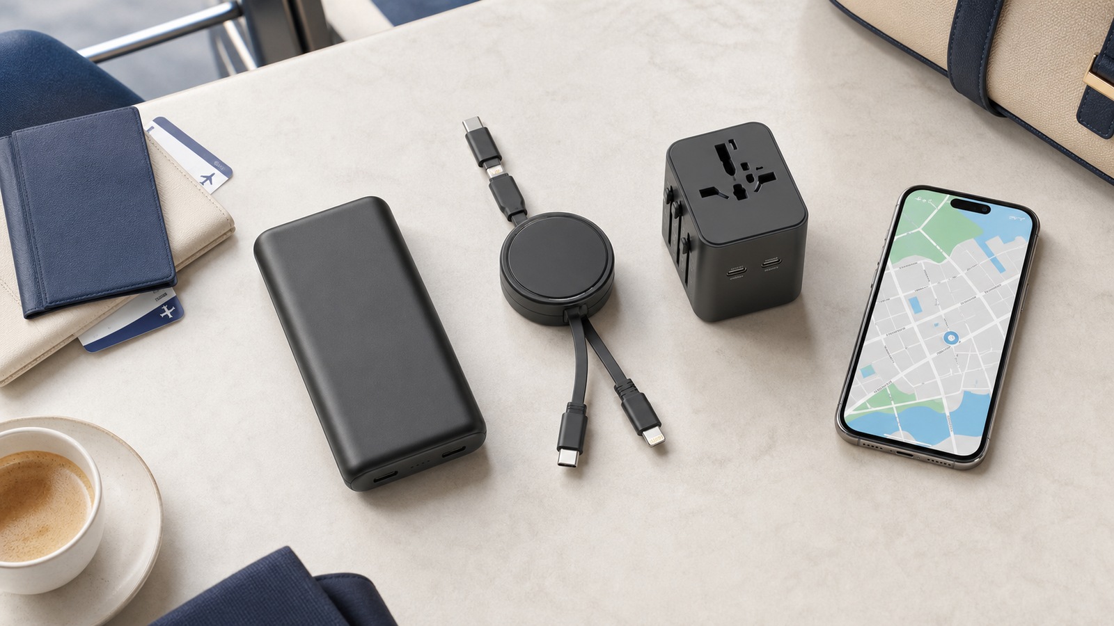モバイルバッテリー、充電ケーブル、海外用変換プラグを並べた旅行用品の写真風イメージ