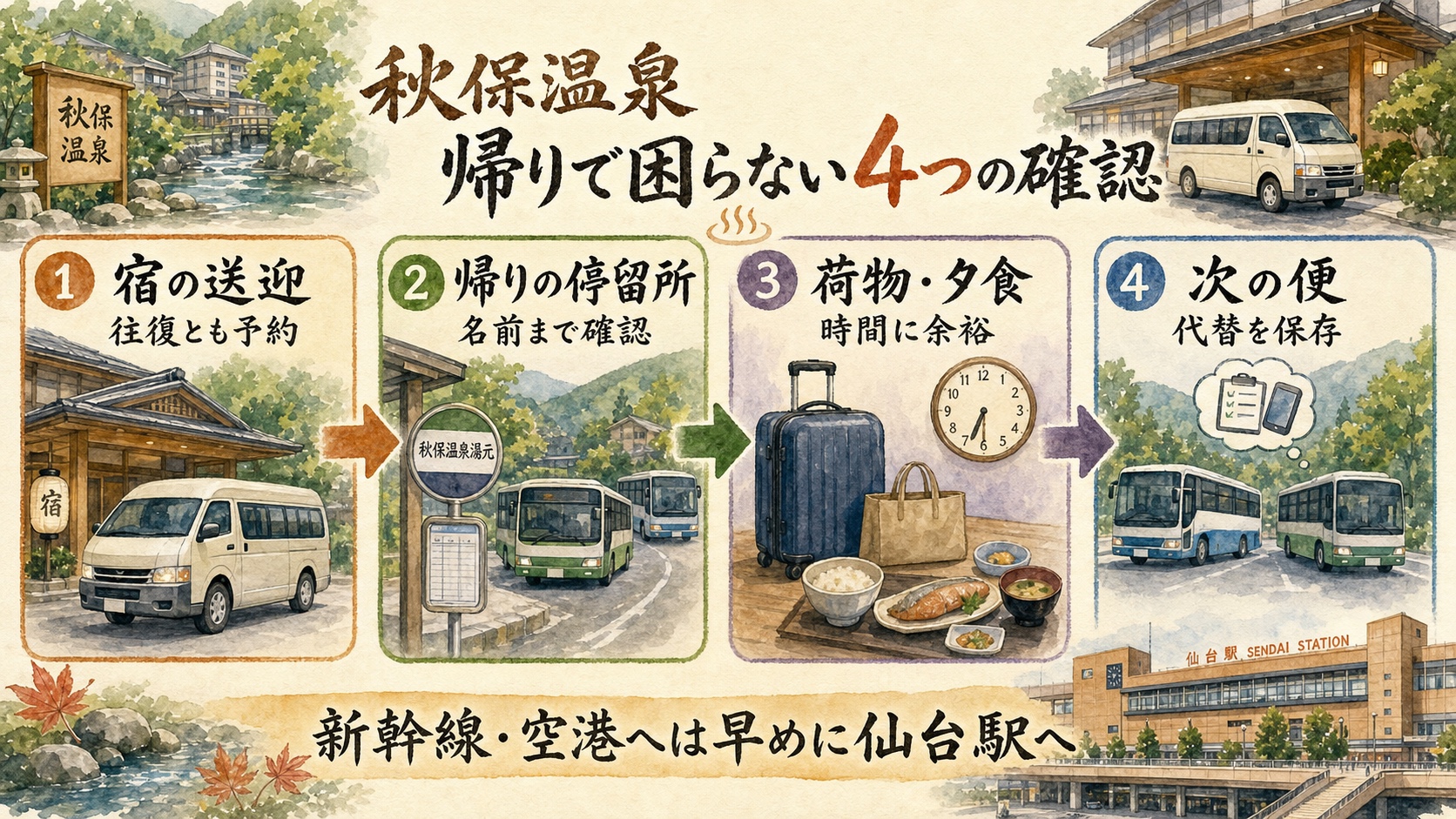 秋保温泉から帰る前に宿送迎・停留所・荷物と夕食・次の便を確認する水彩インフォグラフィック