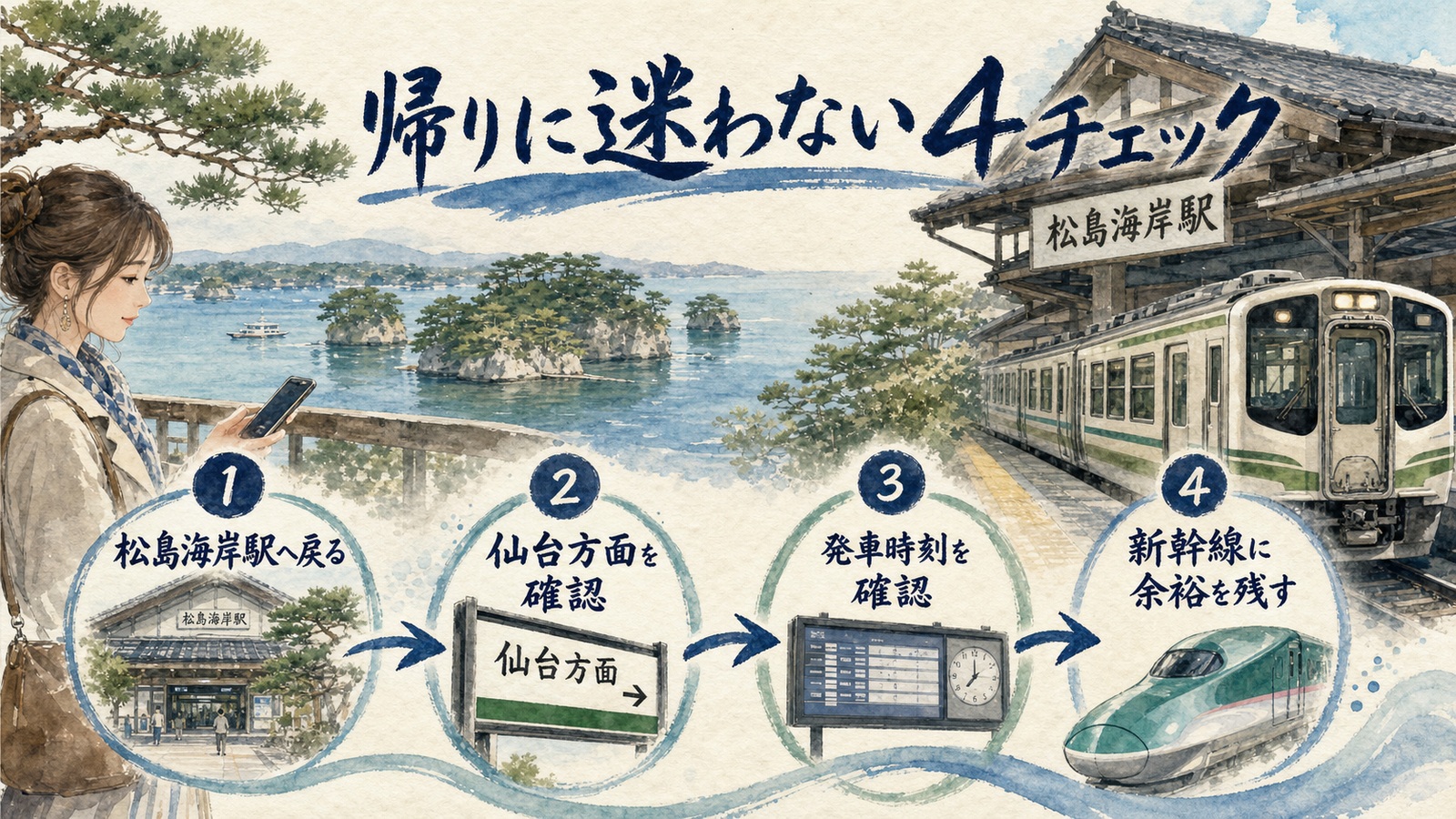 松島海岸駅へ戻り仙台方面と発車時刻を確認して新幹線に余裕を残す4チェックの水彩図解