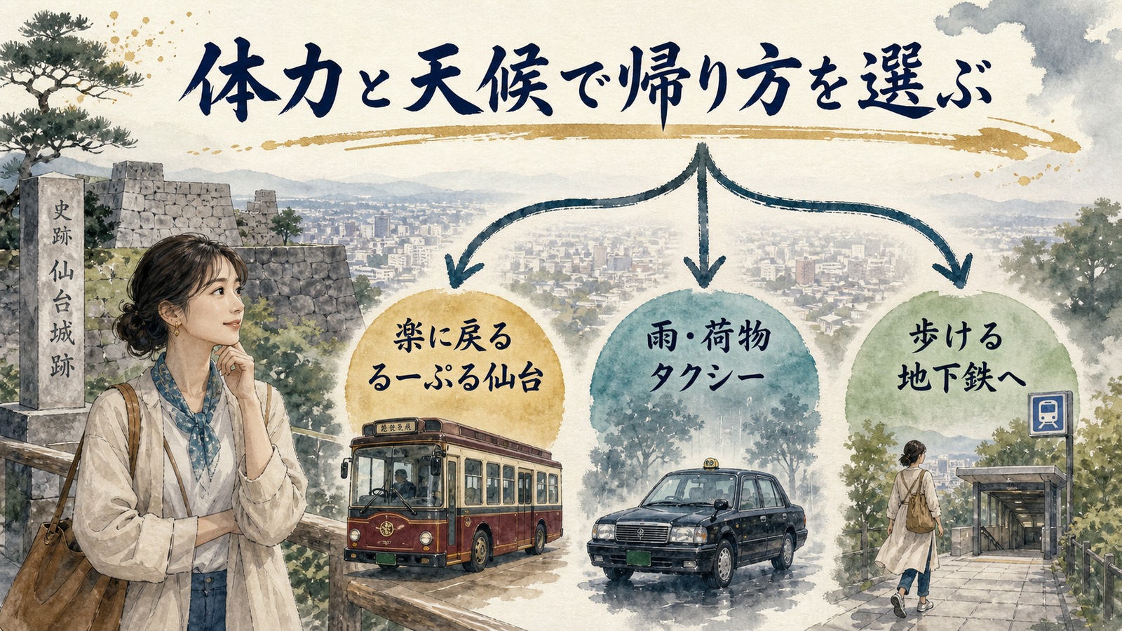 仙台城跡からるーぷる仙台・タクシー・地下鉄を体力と天候で選ぶ水彩図解