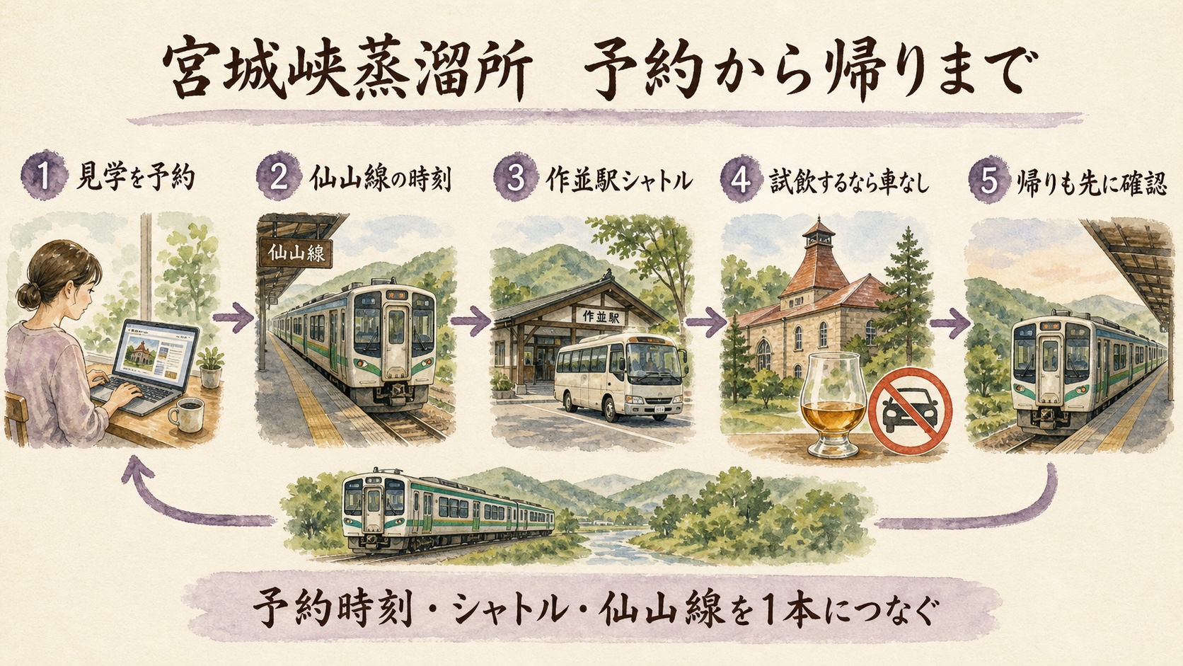 宮城峡蒸溜所の見学予約・仙山線・作並駅シャトル・試飲・帰りをつなぐ水彩インフォグラフィック