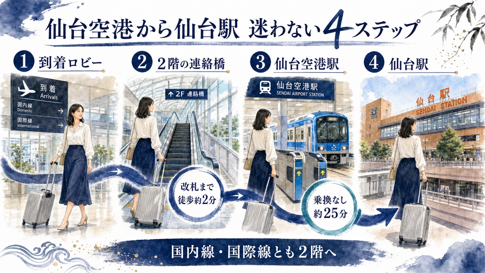 仙台空港の到着ロビーから2階連絡橋、仙台空港駅、仙台駅へ進む4ステップの水彩インフォグラフィック