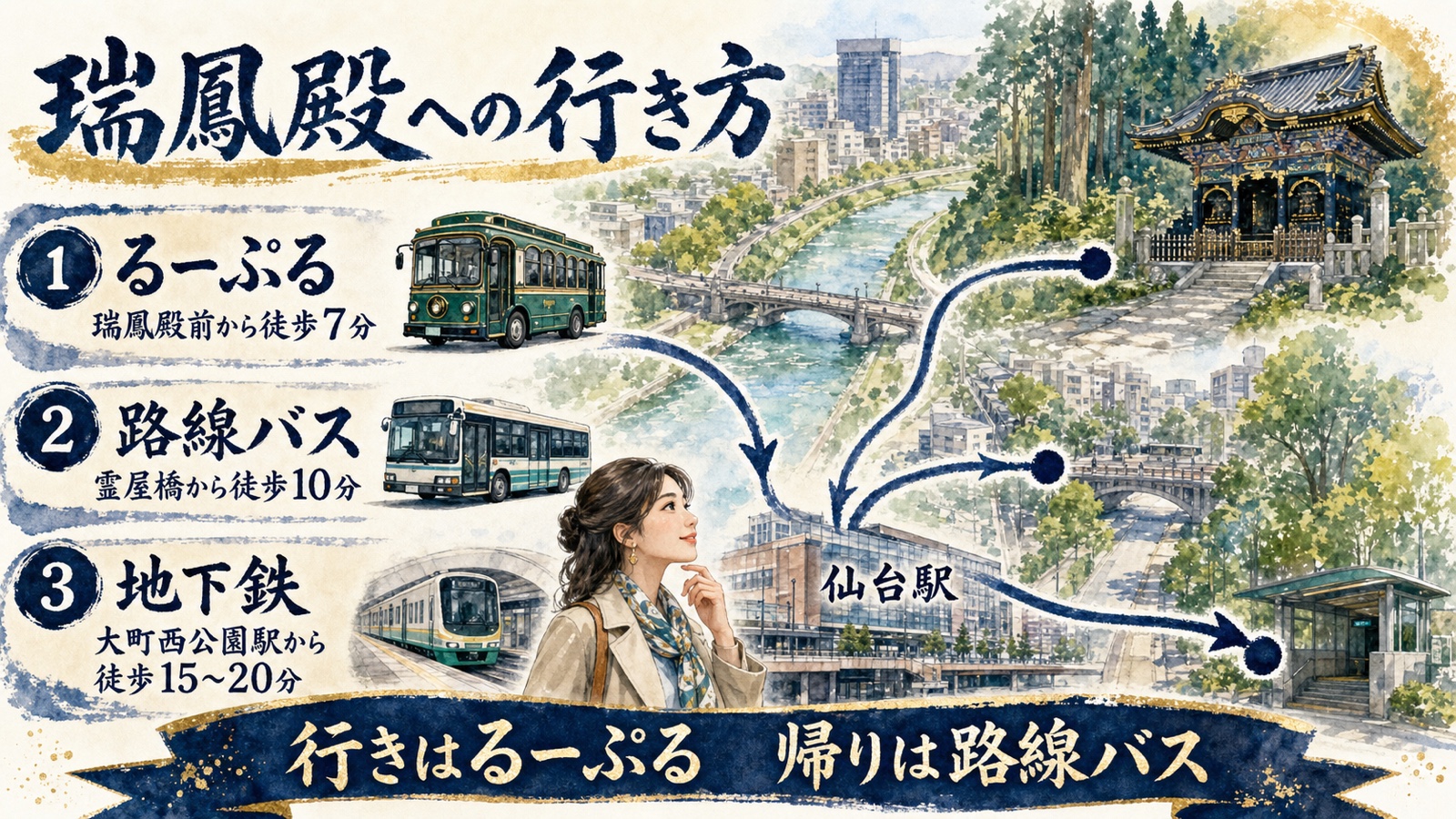 仙台駅から瑞鳳殿へるーぷる、路線バス、地下鉄で向かう方法を比較した水彩インフォグラフィック