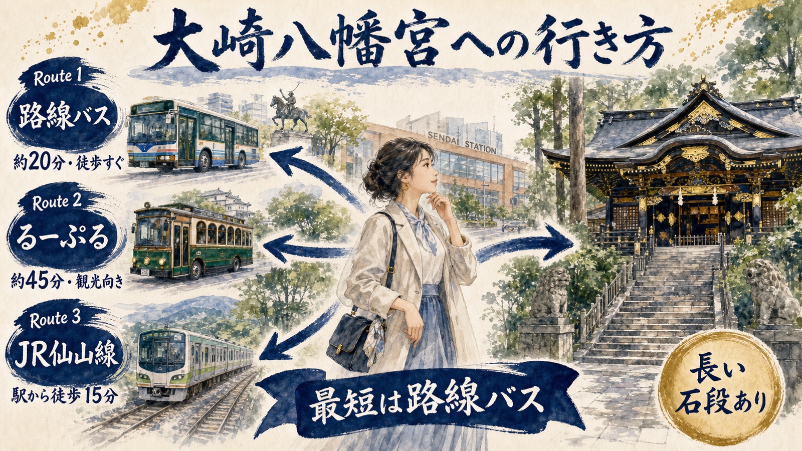 仙台駅から大崎八幡宮へ路線バス、るーぷる仙台、JR仙山線で向かう方法を比較した水彩インフォグラフィック