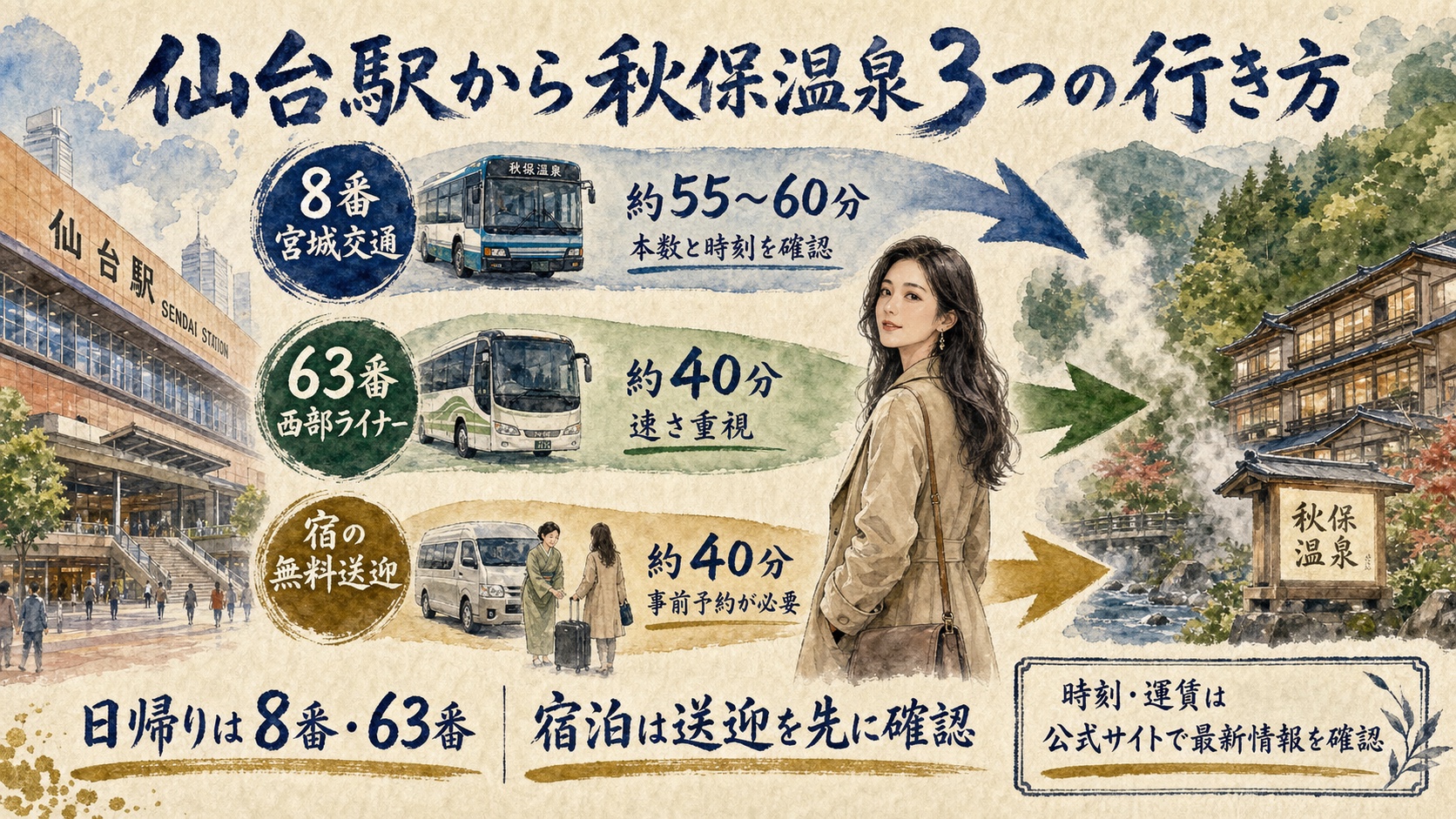 仙台駅から秋保温泉へ西口8番、西口63番、宿の無料送迎で向かう方法を比較した水彩インフォグラフィック