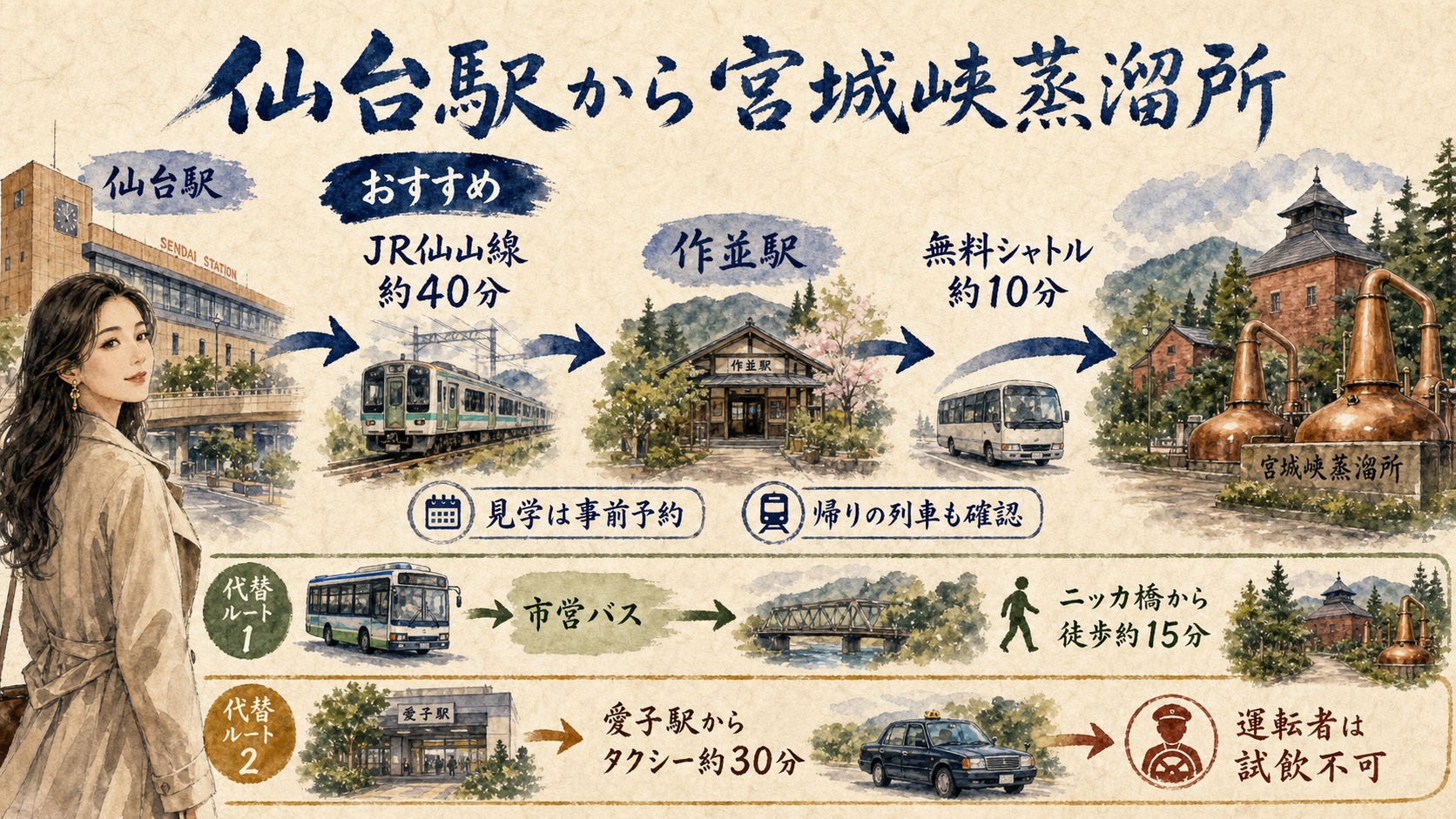 仙台駅からJR仙山線と作並駅無料シャトルで宮城峡蒸溜所へ向かう方法を示した水彩インフォグラフィック