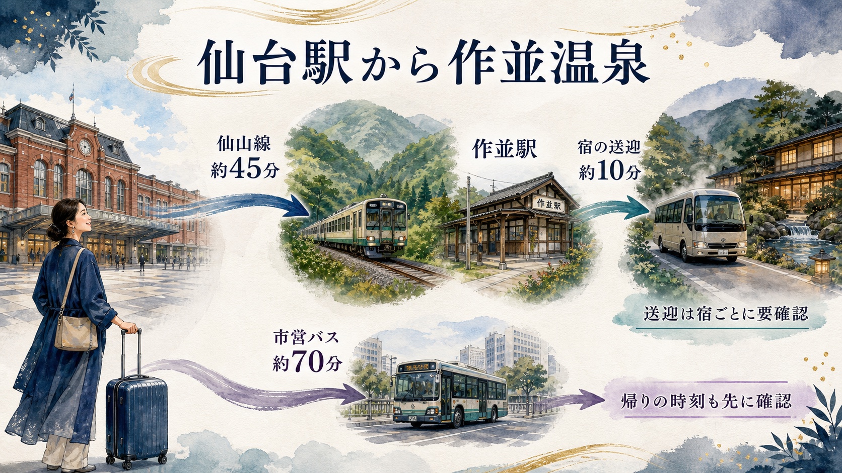 仙台駅から仙山線で作並駅へ行き宿の送迎で作並温泉へ向かう方法を示した水彩インフォグラフィック