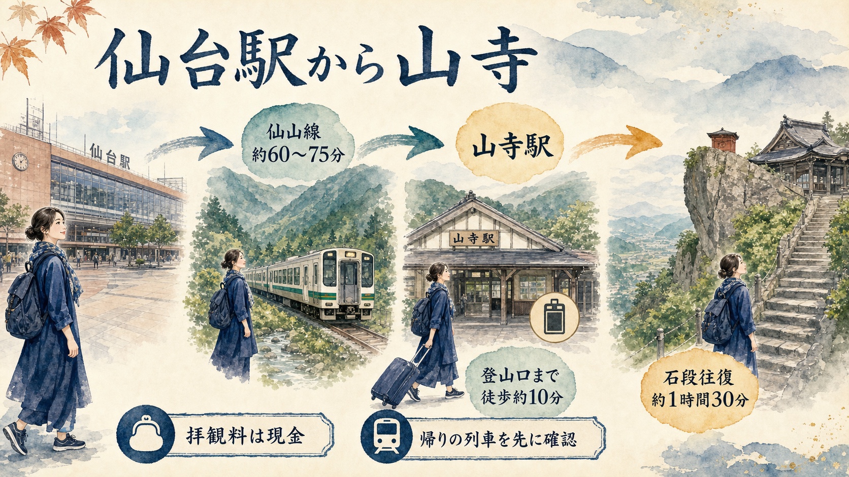仙台駅から仙山線で山寺駅へ行き石段を参拝する流れを示した水彩インフォグラフィック