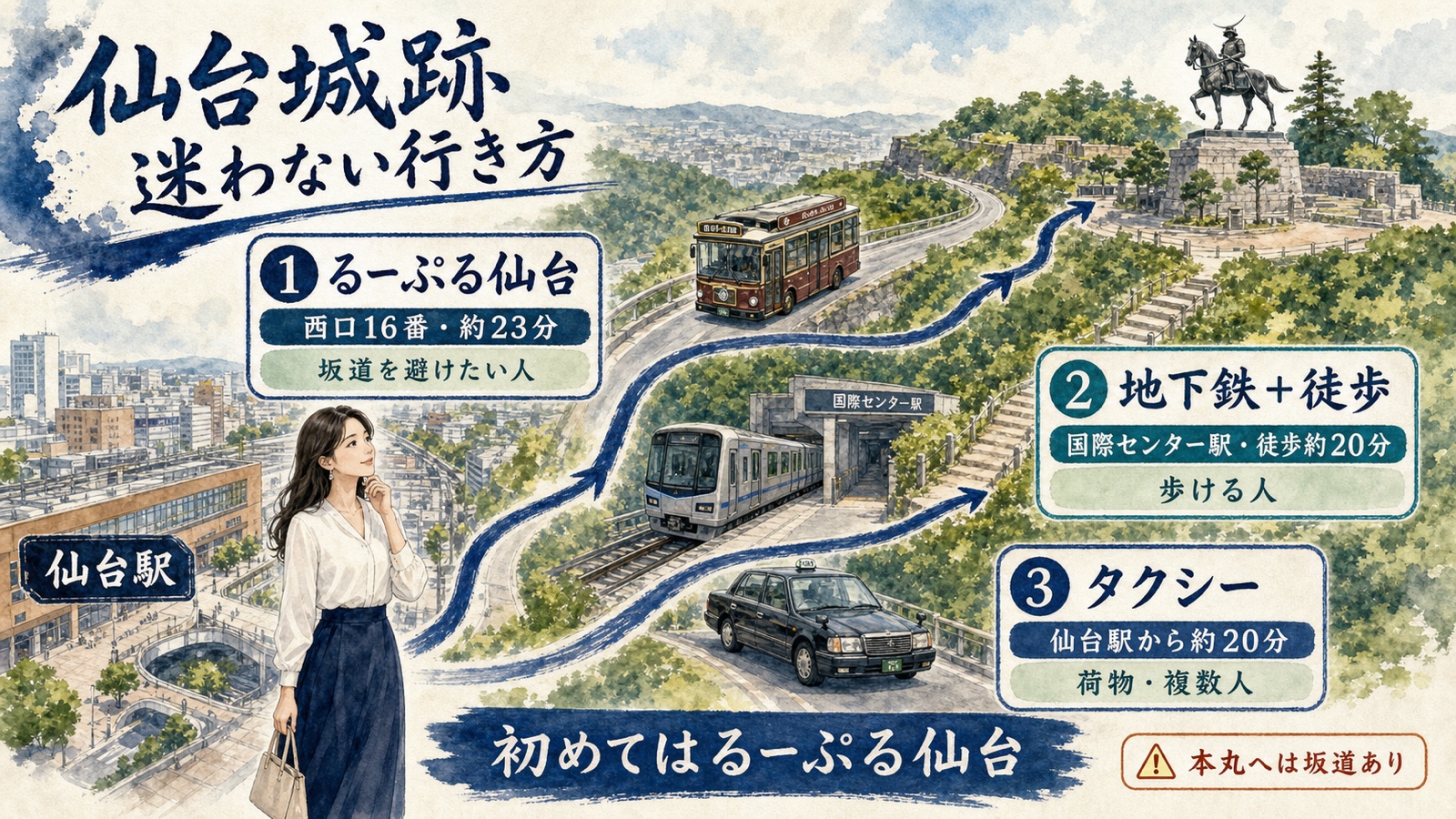 仙台駅から仙台城跡へるーぷる仙台、地下鉄と徒歩、タクシーを比較する水彩インフォグラフィック