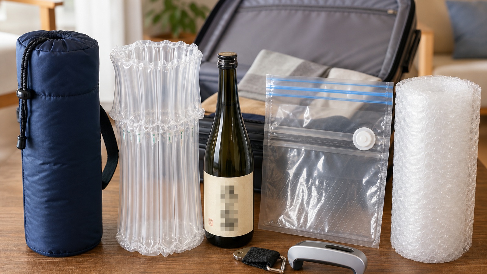 銘柄部分をモザイク加工した日本酒瓶と保護ケース エアクッション 密封袋 荷物はかりの比較イメージ