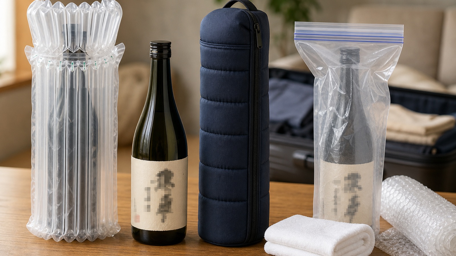銘柄部分をモザイク加工した日本酒瓶とエアクッション 保護ケース 密封袋の比較イメージ