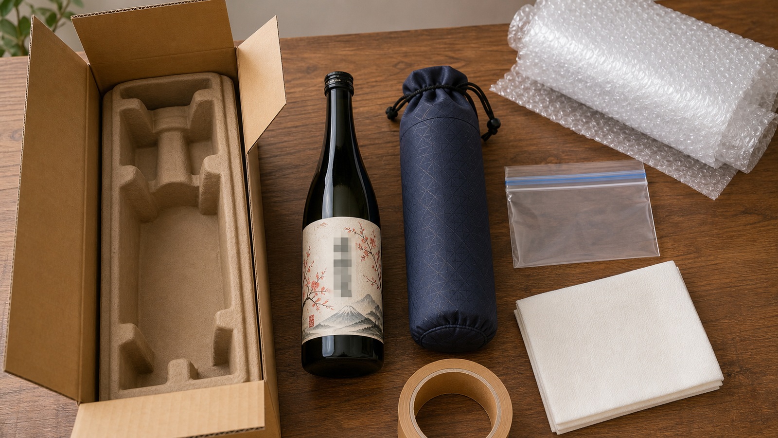 銘柄部分をモザイク加工した日本酒瓶と専用配送箱 ボトルスリーブ 緩衝材 密封袋の比較イメージ