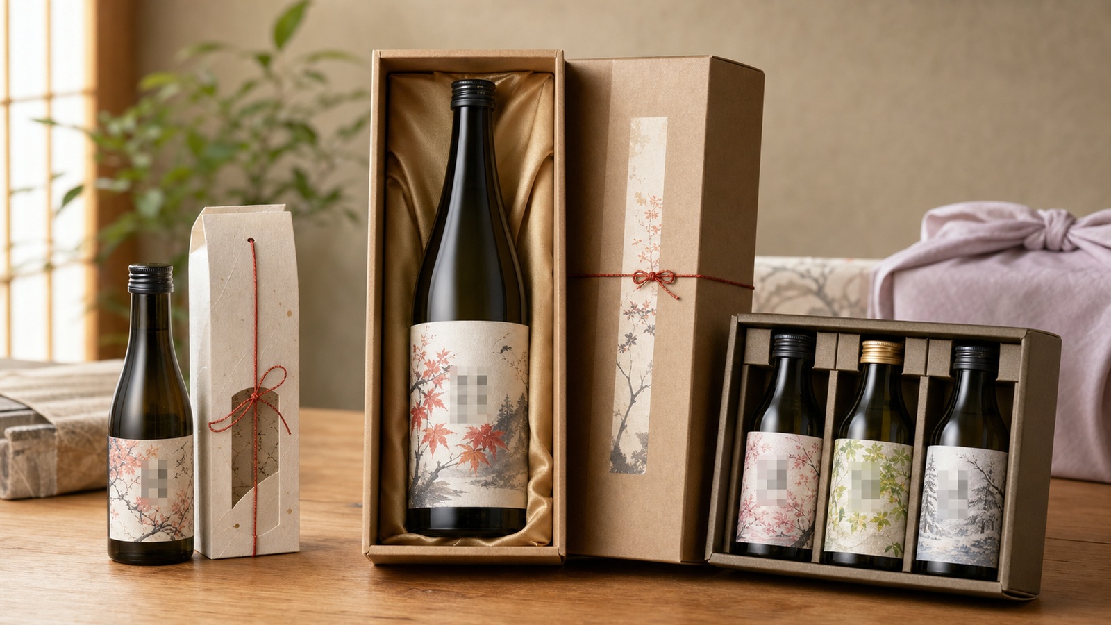 銘柄部分をモザイク加工した300ml 720ml 日本酒と小瓶飲み比べギフトの比較イメージ